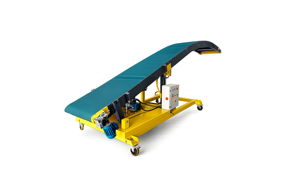 Esteira elevatória transportadora para carga e descarga de caminhões baú e contêineres
